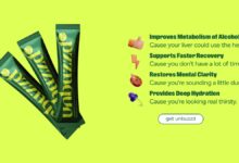 Three green packs of unbuzzd on a yellow background.