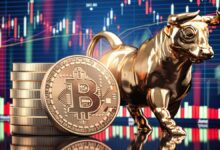 Golden bull and stack of Bitcoin in front of stock chart.
