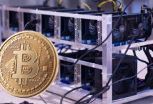 Bitcoin coin in front of Bitcoin mining rig.