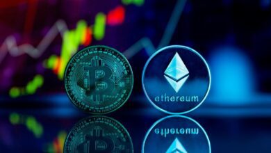 Bitcoin and Ethereum crypto coins with bullish trading chart in the background, representing rising digital asset market trends.