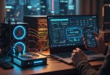 A man sitting at his computer holding a smartphone next to his Bitcoin mining rig after successfully mining a block.