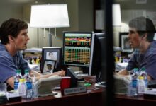 Actor Christian Bale sits behind a desk looking at stock trading computers when he played the character of Michael Burry in the movie The Big Short.