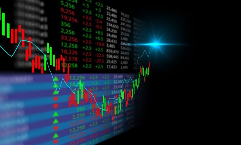 Stock market candlestick chart with rising trend and glowing blue highlight, symbolizing bullish momentum and financial growth indicators.