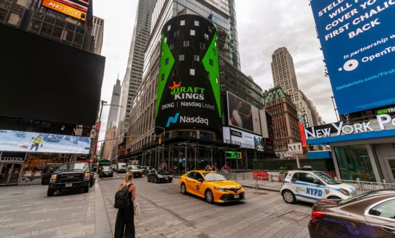 DraftKings logo on the Nasdaq sign in New York City.