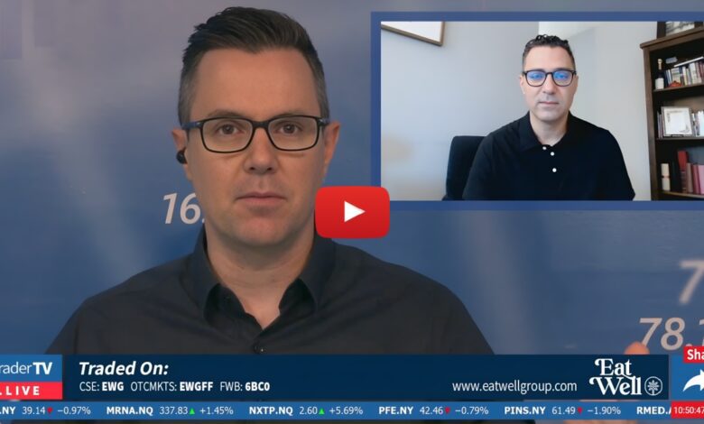 TraderTV Live interview discussing Eat Well Group stock performance, featuring financial analysts with live ticker updates and stock trading insights.