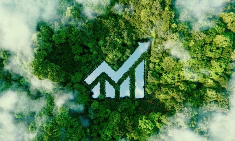 A lake in the shape of a rising graph in the middle of a vast green forrest symbolizing the growing interest in cleantech stocks and investments.