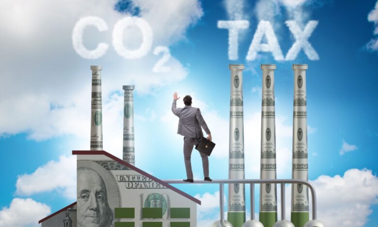 Businessman holding a briefcase stands on dollar bills shaped like industrial smoke stacks, reaching up with his left hand towards billowing smoke that forms the words CO2 TAX.