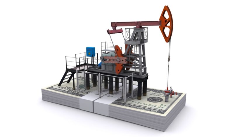 Oil pump jack rig operating on top of stacked U.S. dollar bills, symbolizing the financial impact of oil production, energy market profits, crude oil investment, and the economic influence of the petroleum industry.