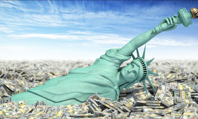 Statue of Liberty lying down amidst massive piles of U.S. dollar bills, symbolizing American economic crisis, national debt concerns, financial collapse, or the impact of inflation on the U.S. economy.