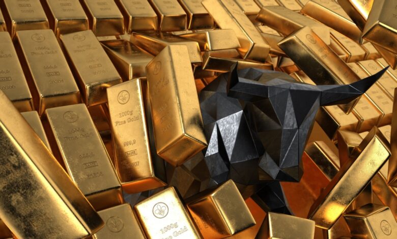 A geometric black bull surrounded by stacks of gold bars, symbolizing a bullish gold market.
