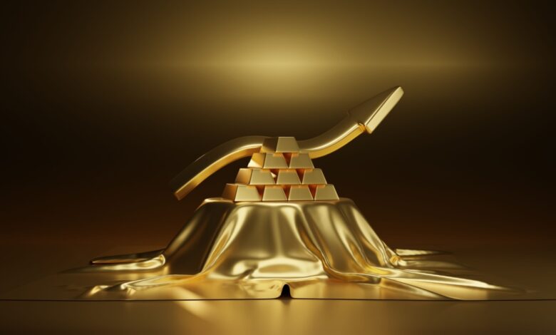 Golden arrow rising from stacked gold bars on draped fabric, symbolizing increasing gold prices and bullish market trends in precious metals.