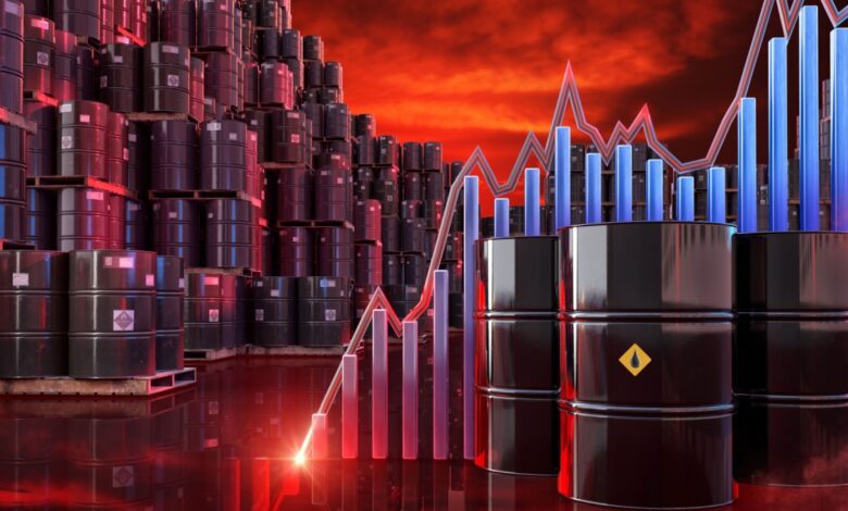 Stacks of oil barrels with rising bar and line charts against a dramatic red sky, symbolizing increasing crude oil prices and energy market volatility.