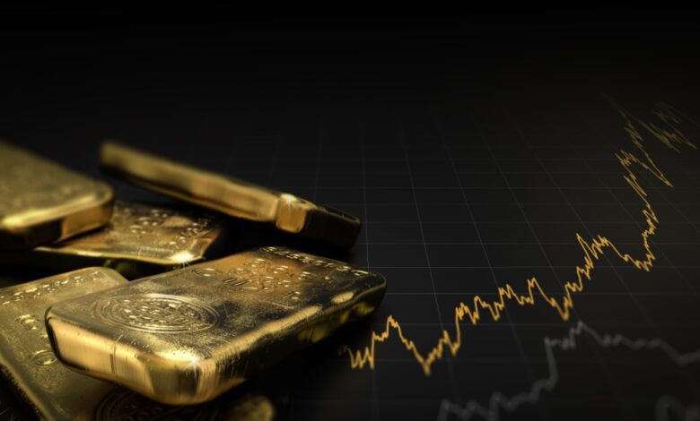 Stacked gold bars on a dark financial chart background with a fluctuating gold price line, representing gold investment and market trends.