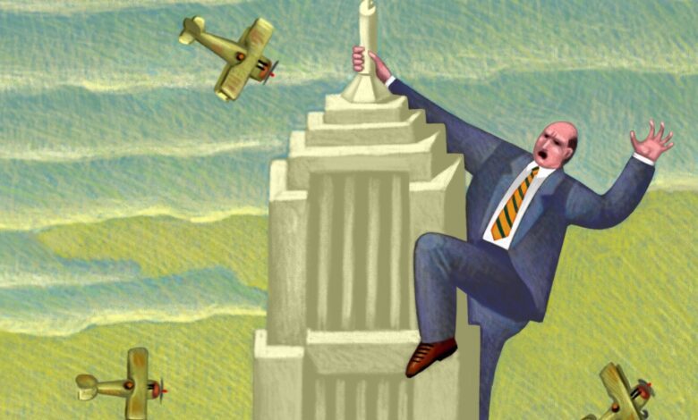 Illustration of a man in a suit climbing a tall skyscraper, holding onto the top, with two vintage airplanes flying around him against a cloudy sky, parodying the King Kong scene.