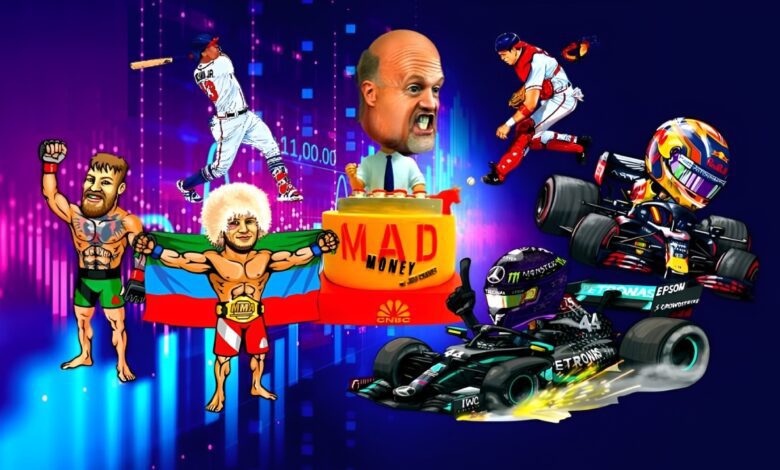 Cartoon collage of famous athletes and Jim Cramer on CNBC’s Mad Money set against a digital stock market background, blending sports and financial themes.