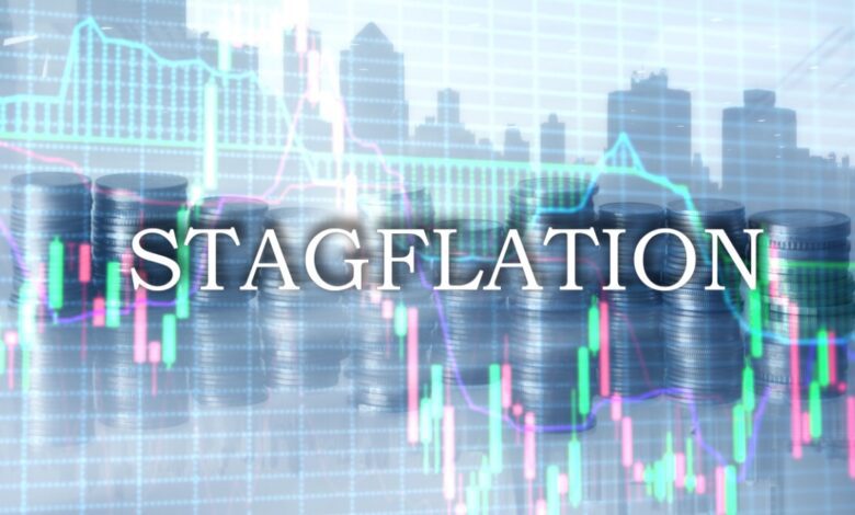 Stagflation concept with stacked coins, stock market chart, and city skyline, symbolizing stagnant economic growth and high inflation.