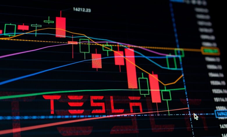 A digital stock chart shows candlestick patterns, colorful trend lines, and the red Tesla logo, indicating analysis of Tesla’s stock performance and market trends. A cursor points at a chart detail on the right.