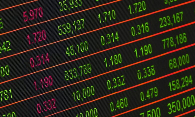 Green and red numbers on stock market ticker stream.