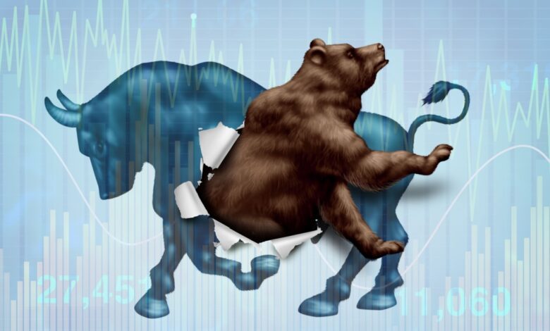 Bear market crashing through bull symbol on stock market background, representing market downturn or bearish reversal.