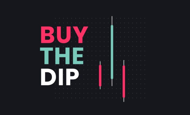 Bold text reads BUY THE DIP next to a candlestick chart with red and green bars, on a dark background, representing a financial or stock market concept.