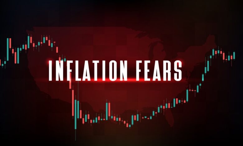 Inflation fears headline over U.S. map and stock market candlestick chart, symbolizing rising economic uncertainty and financial volatility.
