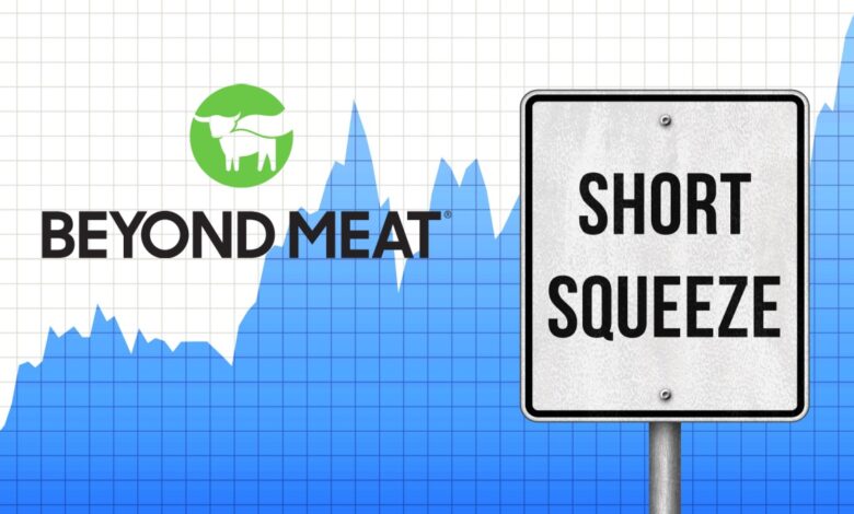 Beyond Meat logo next to white traffic sign with short squeeze written on it on blue stock chart background.