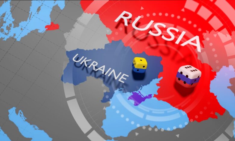 Two dice sit on Russia Ukraine war map.