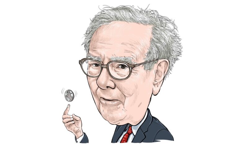 Caricature of Warren Buffett flipping a coin, symbolizing investment decisions, financial wisdom, and the legendary investor’s influence in the stock market.