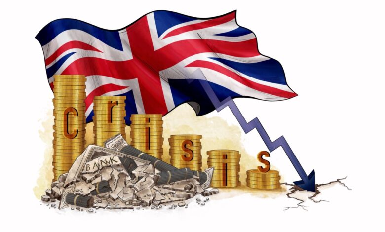 Illustration of UK financial crisis with British flag, collapsing bank building, falling blue arrow, and stacks of coins spelling 'CRISIS', symbolizing economic downturn, banking instability, recession, and financial market collapse in the United Kingdom.