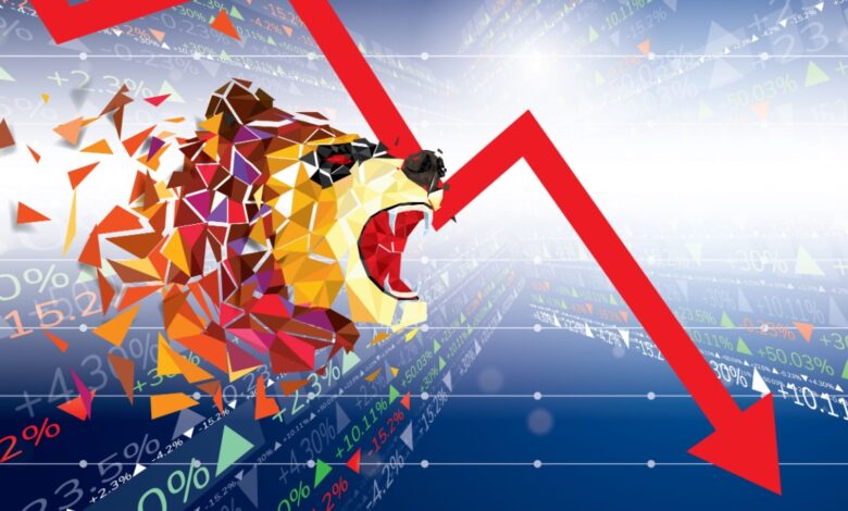 Bear next to red stock market down arrow.