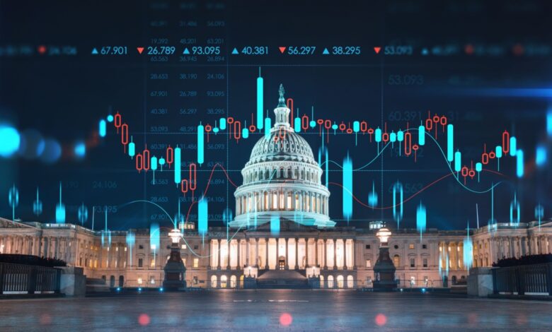 The U.S. Capitol building with overlaid stock market charts and data, symbolizing the connection between government and financial markets.