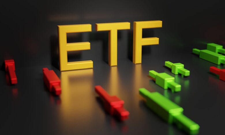 The letters ETF on a black background, with green and red stock chart candlesticks laid out around it.