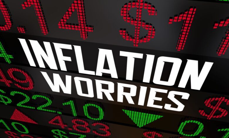 Inflation worries sign on stock market ticker stream.