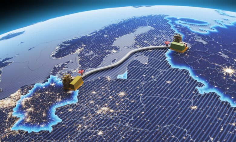 3D illustration of the Nord Stream gas pipeline running from Russia to Europe set against a starry night sky backdrop.