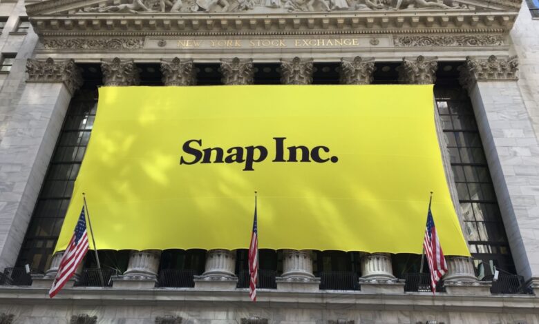 Snap Inc. IPO banner displayed on the New York Stock Exchange building, marking the company's stock market debut.