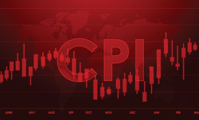 Red stock chart background with letters C.P.I. in the middle.