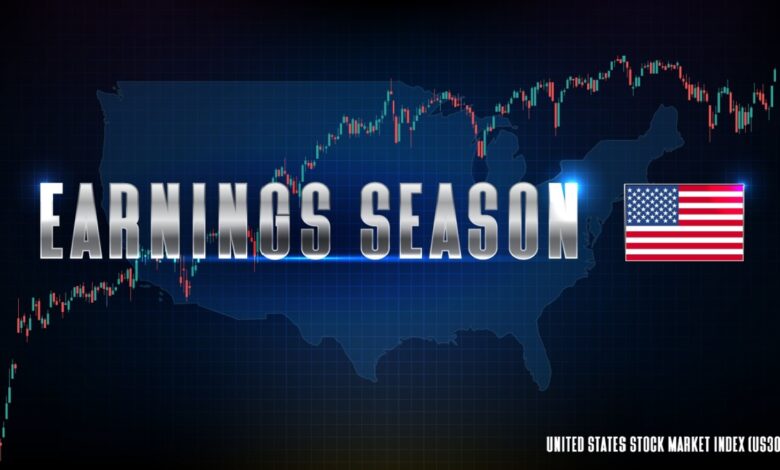 Earnings season spelled in 3d letters next to American flag and stock chart.