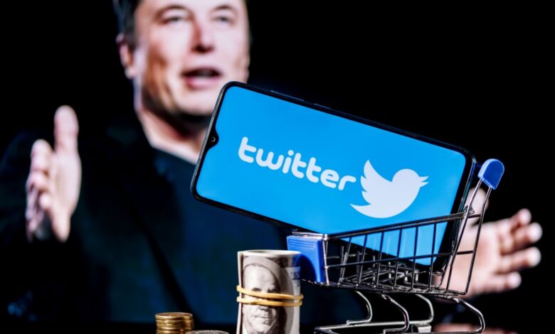 Elon Musk stands behind roll of dollar bills and shopping cart with Twitter logo smartphone in it.