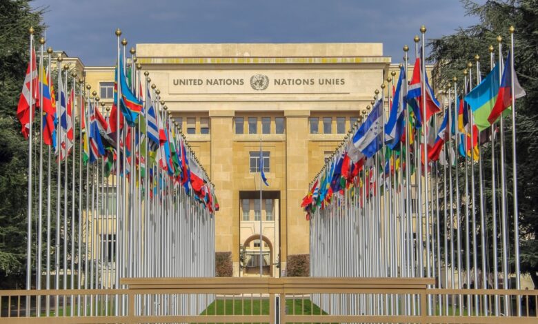 United Nations building with flags of all member countries out front.