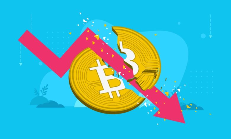 Illustration of a broken Bitcoin coin intersected by a sharp downward red arrow, symbolizing cryptocurrency market crash, Bitcoin price decline, digital asset volatility, and crypto investment losses.