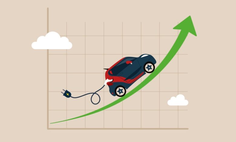 Illustration of an electric car climbing a rising green arrow on a graph, with a charging cable trailing behind, symbolizing the growth of electric vehicle adoption, EV market expansion, clean energy transportation, and automotive industry trends.