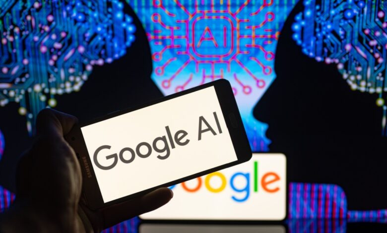 Google A.I. logo on smartphones, with A.I. chip and brains in background.