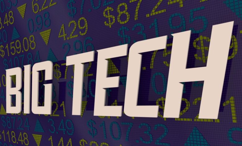 Bold 3D text 'BIG TECH' overlaid on a digital background of fluctuating stock prices and financial data, symbolizing major technology companies, stock market performance, tech sector investments, and financial impact of large tech corporations.