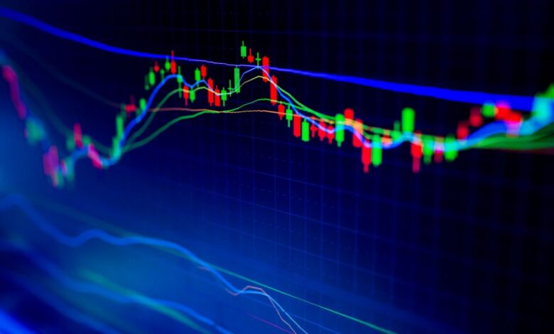 A digital stock chart with glowing red and green candlestick patterns, multiple moving average lines in blue, green, and yellow, all displayed on a dark blue background representing market trends.