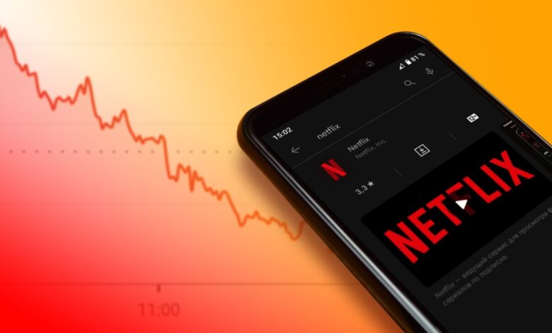 Netflix mobile app screen displayed on a smartphone with a red downward stock chart in the background, symbolizing Netflix stock decline, subscriber loss, or financial downturn in streaming services.