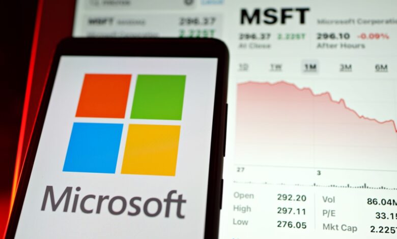 Microsoft logo displayed on a smartphone screen next to a declining MSFT stock chart and financial data, symbolizing Microsoft Corporation market performance, tech stock volatility, investment trends, and financial analysis of major technology companies.