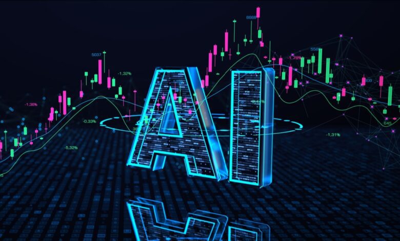 The letters “AI” in a glowing digital style stand prominently in the foreground, with colorful stock market candlestick charts and data visualizations in the background, symbolizing the integration of artificial intelligence in financial markets.