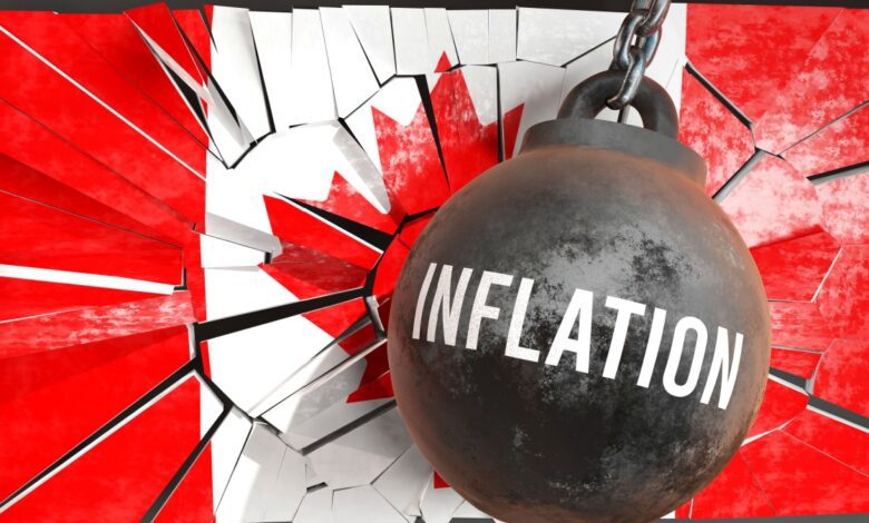 Inflation wrecking ball smashing through Canadian flag, symbolizing the impact of rising inflation on Canada's economy, cost of living, and financial stability.
