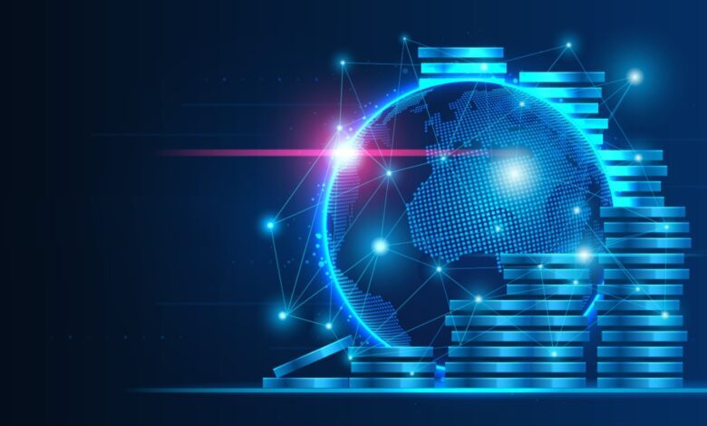 A digital illustration of a glowing globe centered on the Asia-Pacific region, surrounded by stacks of illuminated coins and connected by a network of data points, symbolizing global financial markets and digital economy.