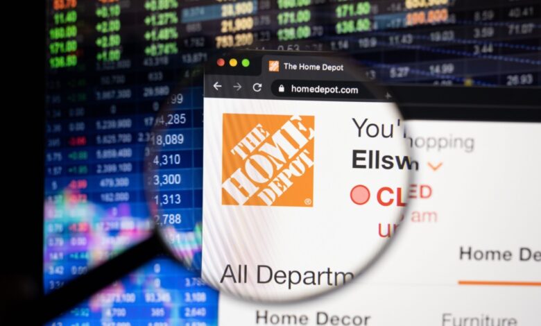Magnifying glass focusing on The Home Depot website overlaid on stock market data, symbolizing retail performance, e-commerce, and financial analysis of Home Depot's stock.
